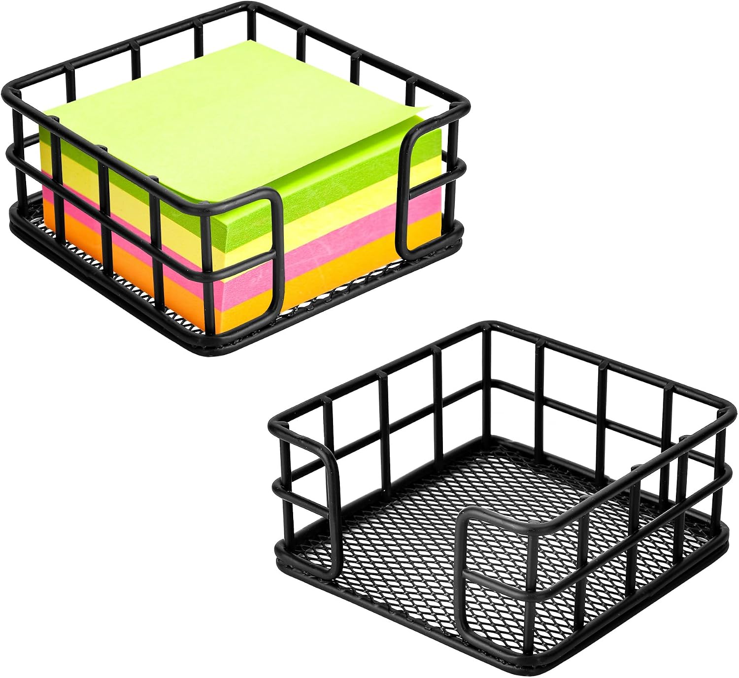 Metal Sticky Note Holder, Black Wire Desk Organizer, 3.6x3.6 Inch Desktop Storage for Memo Pads, Paper Clips and Small Supplies